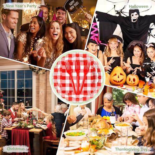 Image of 100 Pcs Red Gingham Paper Plates Disposable Set for Picnic, 25-9 inch&25-7 inch