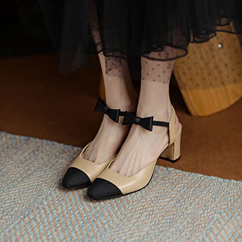 LEHOOR Chunky Heel Slingback Pumps Cap Toe Two Toned for Women, Mid Block Heel Almond Pointy Toe Sandals Quarter Strap Hollowed Backless D’Orsay Slip On Sandals Office Party Prom 5-13 M US4