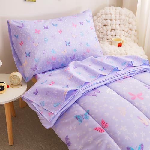 Image of Viviland Butterfly Floral Toddler Comforter Sets, Cute Girls Toddler Bedding Set, Soft Microfiber Purple Toddler Bed Set