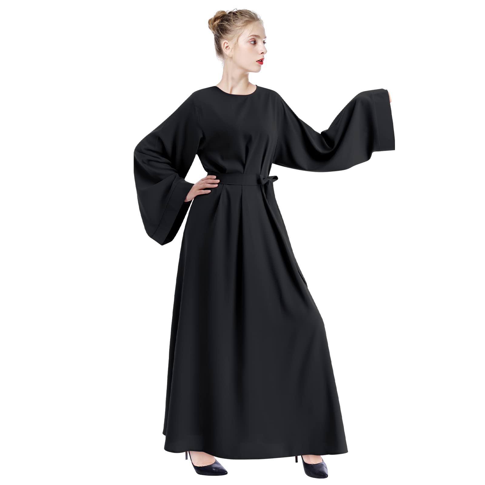 IWEMEK Robe Musulmane Femme Prière Abaya Dubai Simple Moderne Vêtement Islamique Moyen-Orient Turquie Kaftan 1 Pièce Couleur Unie Manches Longue avec Chaîne Perles Soirée Mariage S-XXL