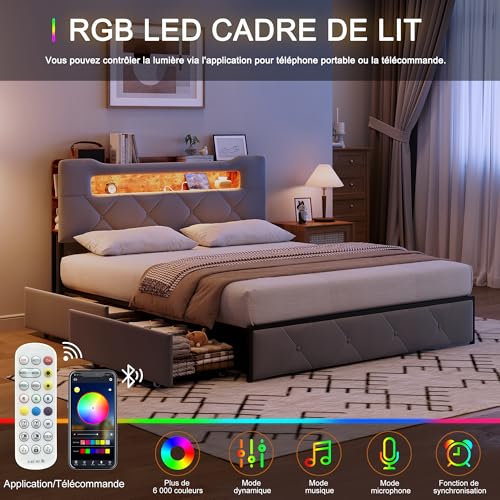 Bett 140 x 190 cm mit LED- und USB-Bettgestell, gepolstertes Doppelbett mit 4 Schubladen, gepolstertes Bett mit großem Stauraum, Litss mit Schubladen für Erwachsene und Jugendliche (Grau-D, 140 x 190 – Bild 4