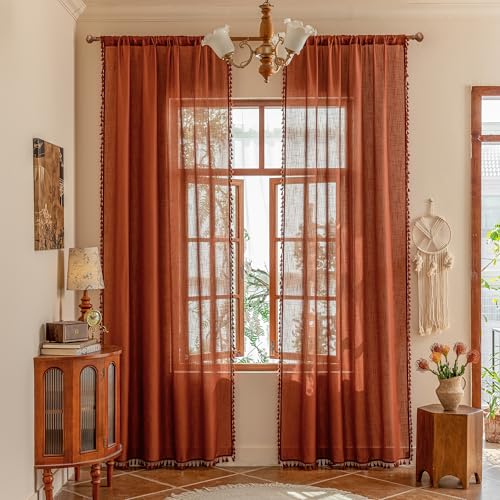 Image of MYSKY HOME Semi Sheer Short Macrame Curtains for Window Treatment,Bohemian Country Home Decor Light Filtering Privacy Protect Back Tab Drapes,50 inch Wx63 inch L, Terracotta, 2 Pieces