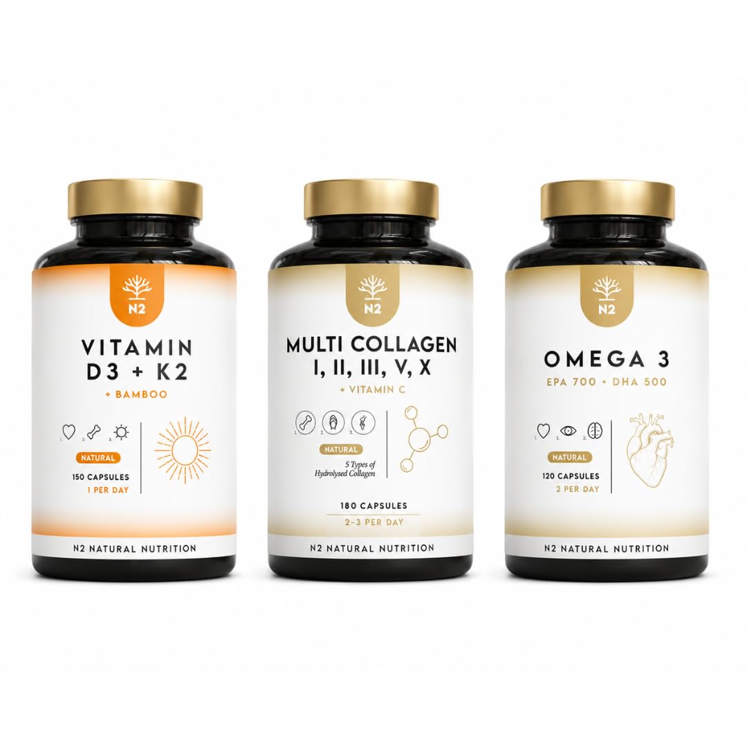 Vitamine D3 K2 5000 UI, Multi Collagène 1650 mg & Omega 3 2000 mg, 450 Gélules. N2 Natural Nutrition