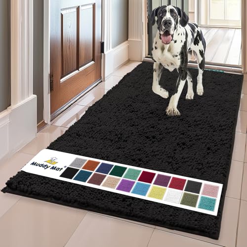 Muddy Mat® AS-SEEN-ON-TV Highly Absorbent Microfiber Door Mat and Pet Rug, Non Slip Thick Washable Area and Bath Mat Soft Chenille for Kitchen Bathroom Bedroom Indoor and Outdoor - Black XL 59"X35"