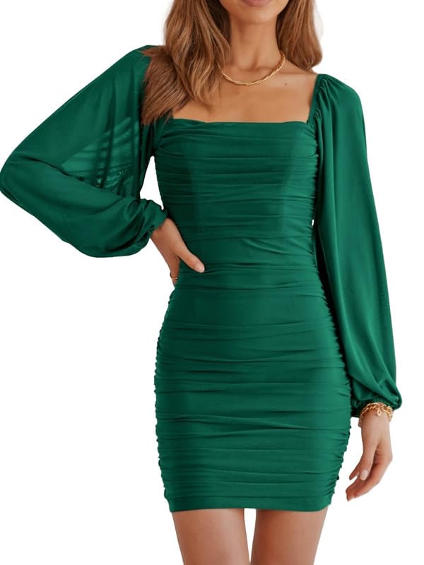 Haibang Elegante Kleider Damen Bodycon Langarm Mesh Minikleid Sexy Quadratischer Hals Rüschen Partykleid Bleistiftkleid Figurbetont Langarmkleid...