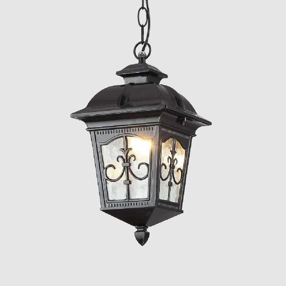 Easy Install Retro IP65 Waterproof Hammering Glass Lantern E27 Pendant Light European Patio Chandelier Outdoor Pavilions Garden Hanging Lamp Decor Villa Balcony Grape Rack Lighting ( Color : Black , S