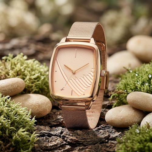 Image of Fastrack Wild Bird Feather Peach Dial Rose Gold Stainless Steel Strap Watch for Women - 6321WM03