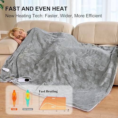 Image of IUUI Heated Blanket Electric Throw Checkered- 62x84 Inches Soft Flannel Heating Blanket,Fast Heating Blanket 6 Heating Levels & 2 Hours Auto Off ETL Certification (Silver Grey, Twin)