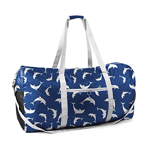 Collapsible Large Duffle Overnight Weekend Duffle Bags 100LBS Oxford Luggage Bag w Zipper Closure Light Weight Foldable Travel Bag Extra-Large Carry-On Traveling Hiking Gym Sports Blue Dolphin