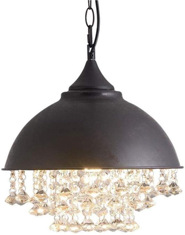 Bloohk One Color Industrial Crystal Pendant Light, Metal Dome Chandelier With Hanging Crystals, Rustic Farmhouse Ceiling Fixture For Kitchen Island, Dining Room, Entryway