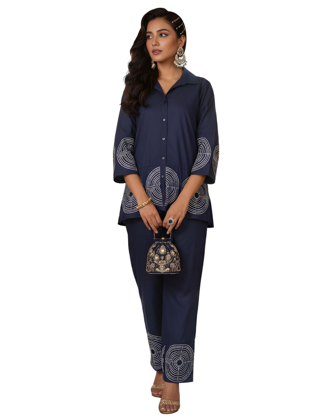 Women's Navy Blue Placement Embroidered Chanderi Shirt Co-ord Set | Collared 3/4 Sleeve Top with Trousers | Elegant Co-ord for Festive, Ethnic, Party-picture-18