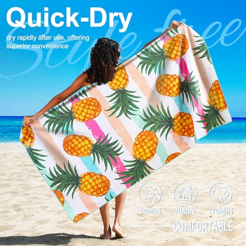 2 Packs Lightweight Thin Microfiber Beach Towel Oversized Quick Dry Compact Sandproof Clearance Towels Sand Free Camping Pool Easy Pack Travel Accessories Essentials Women Adults Blue Flower Pineapple