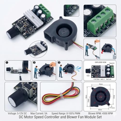 Image of DC 12V 75 * 75 * 30 Brushless Blower Fan with SEN51 Speed Controller Module | High Airflow Centrifugal Cooling Fan | Adjustable PWM Motor Driver Board for Electronics, DIY Projects