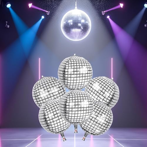 Image of Silver Disco Ball Balloons 22 Inch - 6 Pack 4D Foil Balloons for 70s Party Birthday Graduation Decoration