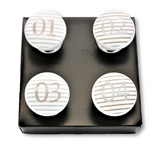 Geschenkestadl - Tiradores para muebles (4 unidades, porcelana), diseño de números y rayas, color blanco