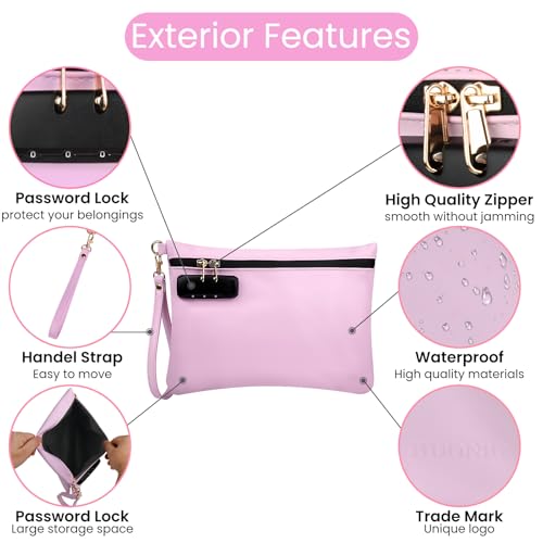 Gift Box Package PU Leather Smell Proof Bag with Combination Lock, Handy Cosmetic Bag with Handle, Travel Money Cash Bag, Bank Pouch with Zipper. (Pink)