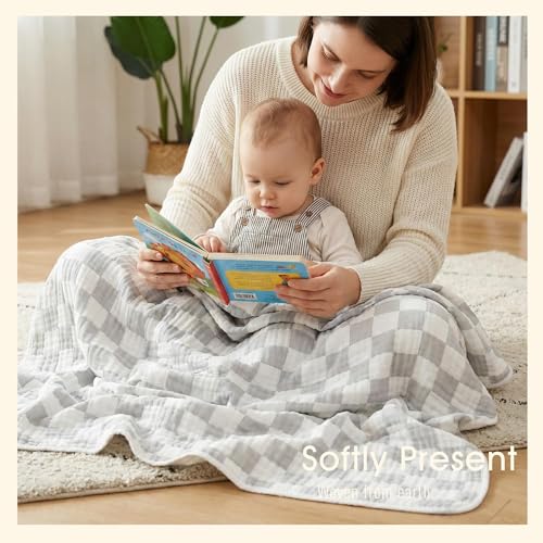 Image of 6-Layer Muslin Baby Blanket Made with Organic Cotton - Classic Neutral Checkered, Swaddle & Crib Quilt, 43 inchx43 inch,Grey Checkered