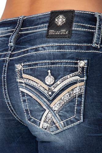 Miss Me Women's Leather Criss Cross Faux Flap Pocket Mid-Rise Straight Jeans4