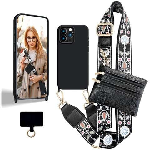 VooDirop Clip and Go Strap with Zippered Pouch for iPhone 13 Pro Case, Crossbody iPhone Case with Strap Wallet Adjustable Neck Lanyard for iPhone 13 Pro 6.1'' Black Cover