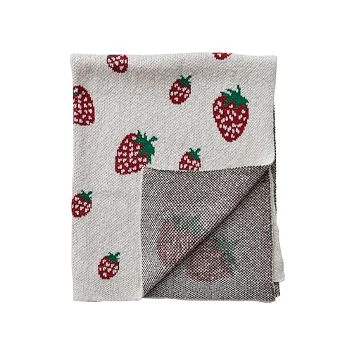 Image of Creative Co-Op Cotton Knit Baby Blanket with Strawberry Pattern, Cream, Red and Green