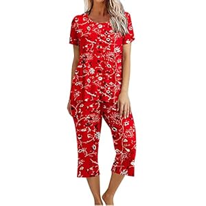 Pyjama Femme Coton Ete Ensemble De Pyjama Femme Pantalon Pyjama 2 Pièces Haut Tops Manche Courte Et Pantalon 3/4 Imprimé/Couleur Unie pour Femme Sleepwear Coupe Ample Printemps Été Pyjama