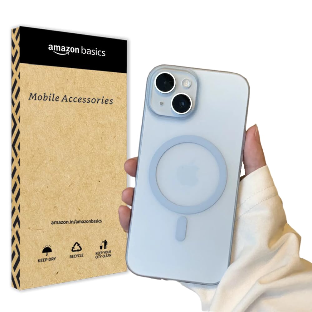 amazon basics Luxury Paper Thin Case Cover for iPhone 15 | Matte Finish | Compatible with magsafe | (Blue, iPhone 15)