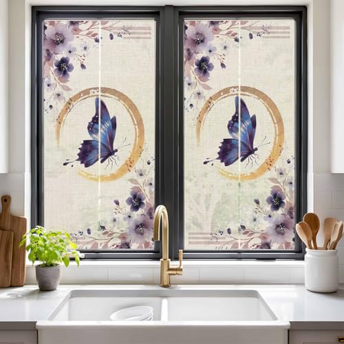 Película para ventana con mariposas y flores moradas 19.6x39.3 in miniatura 2