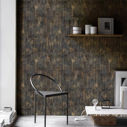 Simon&Siff Black and Gold Textured Wallpaper Distressed Industrial Metallic Wallpaper