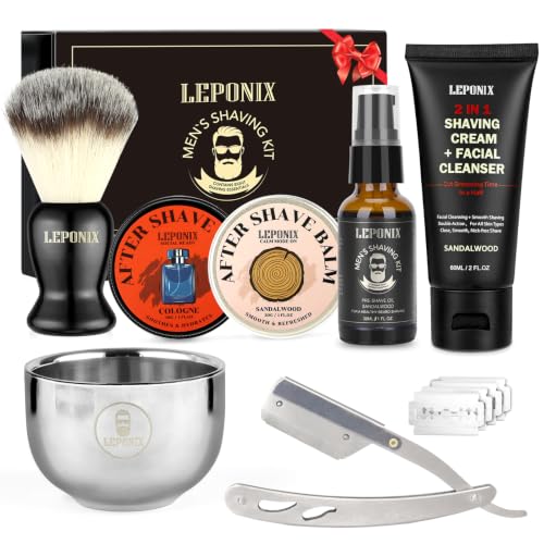 LEPONIX Shaving Kit for Men with Straight Razor Shaving Brush and...