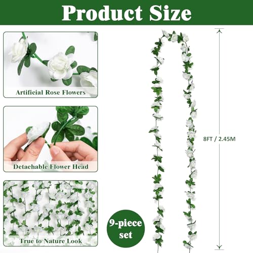 ASTNIC 9 x 8Ft Artificial Silk Rose Floral Vine Garland Hanging Plants Fake Flowers for Ceremony Outdoors Garden Wedding Home Hotel Party Arts Garlands Decoration (White) - Image 2