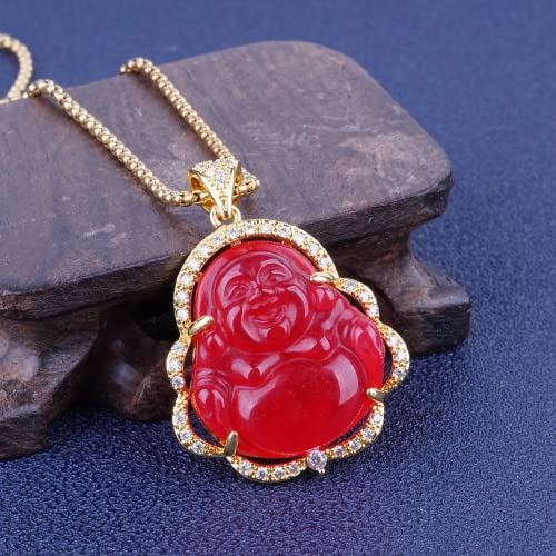 Image of ASGIFT Laughing Buddha Necklace Cubic Zirconia Green Jade Buddha Pendant with 18K Gold Plated Chain Lucky Buddha Necklace Jewelry Gift