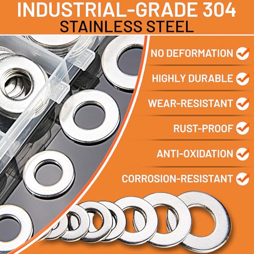 image for AKOSN Stainless Steel Flat Washers Assortment Kit, SAE 304, 300-Piece 