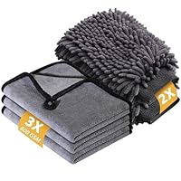 KEYAYE Autopflege Set mit 3 Stück Mikrofasertücher Auto & 2er Mikrofaser Waschhandschuh, 600 GSM Auto Trockentuch zum Kratzfreien Trocknen & Polieren, Extra Saugstark und Schonend Weich, 40x30cm