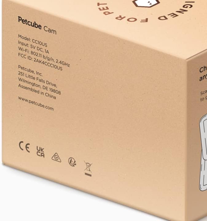 Close-up of the Petcube Cam product box showing model information and certifications.