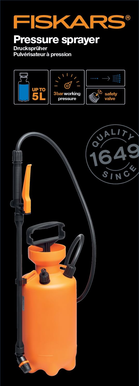 Fiskars Pulverizador a presión, Para tratamientos de plantas a base de agua, Patrón de pulverización ajustable, Válvula de seguridad para la estabilidad de la presión, 5 l, Negro/Naranja, 1025934