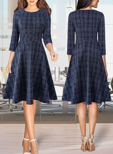 Image of VFSHOW Womens Work Business Front Zipper A-Line Dresses 3 /4 Sleeve Office Church Fit and Flare Skater Swing Knee Length Dress