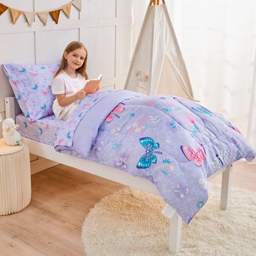 Image of lasoftan Butterfly Toddler Bedding Set for Girls, 4 Piece Bed-in-a-Bag Toddler Comforter Sets, Super Soft Comforter Sheet Set and Comfortable Microfiber Toddler Bed Set