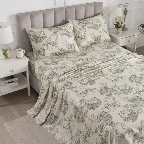 Image of French Country Vintage Toile Percale Sheets Queen Size Deep Pocket | 100% Cotton Cream Beige Sheet Set, Neutral Floral Farmhouse Bed Sheets, Shabby Chic Cottage Bedding, Botanical Printed, 4Pcs