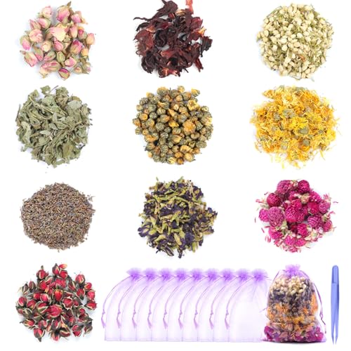 Weysoo 10 Beutel Getrocknete Bl&uuml;ten Set f&uuml;r Seife Selber Machen, Nat&uuml;rliche Getrocknete Kr&auml;uter, Viele Trockenblumen Bl&uuml;tenbl&auml;tter Kit f&uuml;r DIY Seifenkerze Kerzenherstellung Harz Badebomben Zubeh&ouml;r