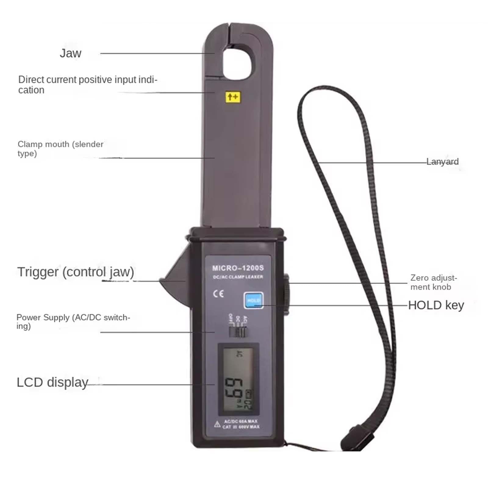 0mA-60A Automotive Leakage Current Tester, Rilevatore di Perdite Statiche per Auto Al Buio Senza Contatto, MICRO-1200S