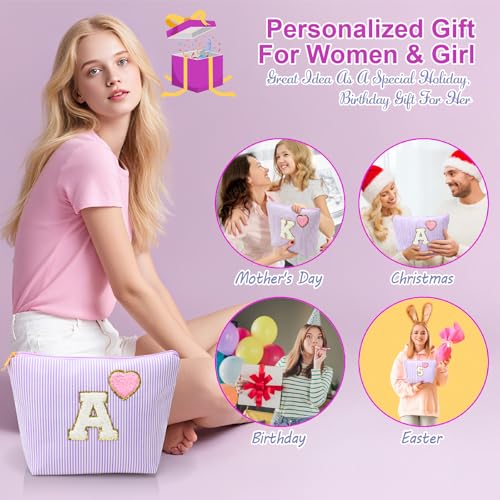 Personalized Initial Makeup Bag Gifts Preppy Cosmetic Bag Trendy Toiletry Travel Bag For Teen Girls Kids Women Letter Makeup Pouch Purse Holiday Gifts Birthday Christmas Gifts 2pack (A, Purple)4