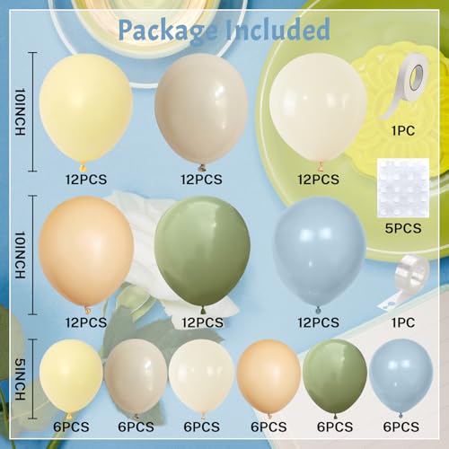 Image of Blue and Green Balloon Arch Kit 115Pcs Dusty Blue Sage Green Balloons Garland Slate Yellow Cream Nude Beige White Sand Birthday Party Balloons for Boys Bear Bee Honeycomb Baby Shower Decorations