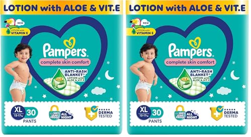 Image of Pampers Complete Skin Comfort Pants, Anti-rash blanket, Lotion with Vitamin E & Aloe Vera, Extra Large size baby Diapers, (12-17kg) 30 Count (Pack of 2)