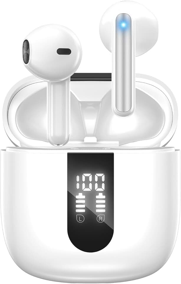 Ecouteurs Bluetooth sans Fil, Écouteurs sans Fil Bluetooth 5.4, 6 Micro ENC Anti Bruit, Basses Puissantes, 60H de Lecture, étanchéité IP5, Oreillette pour iphone Android (Blanc)