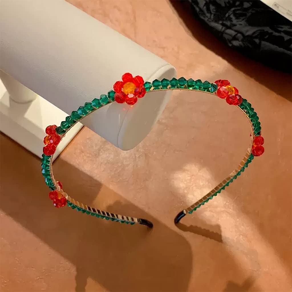 Cerchietto Per Capelli Con Nodo E Fiori Stampati, Strass Lucenti, Elastico E Comodo, Accessorio Moda Estivo, Colore Rosso/Fiore - 2