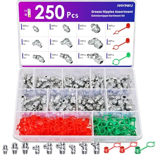 ANVINKU 250 Stück Schmiernippel Sortiment Kit M6 M8 M10 Kegelschmiernippel Set with Schmiernippel Kappen Gerade 45 Grad 90 Grad Fettpresse Schmiernippeln Set Hydraulische Fettnippel für Automotive