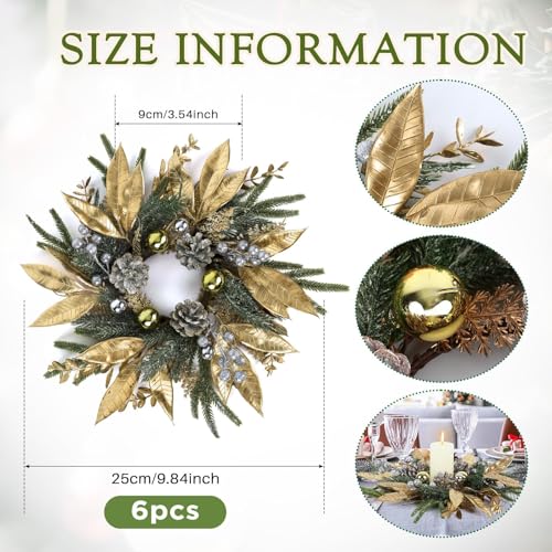 Image of 6 Pcs Christmas Candle Rings Wreaths Artificial Pine Wreaths with Christmas Balls Golden Twigs and Silver Berries Candle Ring Holder for Xmas Winter Indoor Centerpiece Table Decorations