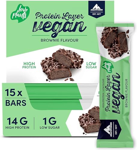 Multipower Vegan Protein Layer Brownie Bar Energieriegel mit 24 Prozent Protein – Fitnessriegel 15 x 55 g – Veganer Proteinriegel aus 3 pflanzlichen Proteinquellen mit Brownie Geschmack