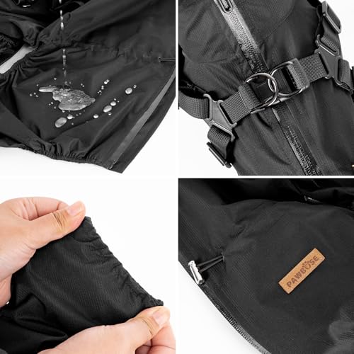 PAWBOSE Hunderegenmantel mit Geschirr für mittlere und große Hunde, verstellbare wasserdichte Hunderegenjacke, reflektierender regenfester Hunde 4 Beine Regenmantel Schwarz, 4XL