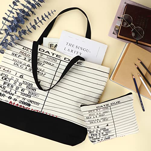 Sieral 2 Pcs Library Card Tote Bag Librarian Gifts for Women Book Lovers Gifts Reusable Canvas Cosmetic Bag for Women Friends Librarian Book Club Reading Lovers4